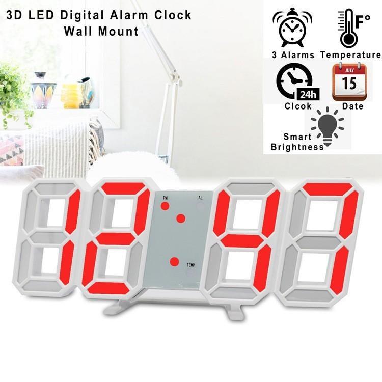 [ Hàng chính hãƞg ]Đồng hồ LED 3D treo tường, để bàn thông minh Smart Clock đồng - khung trắng đèn đỏ