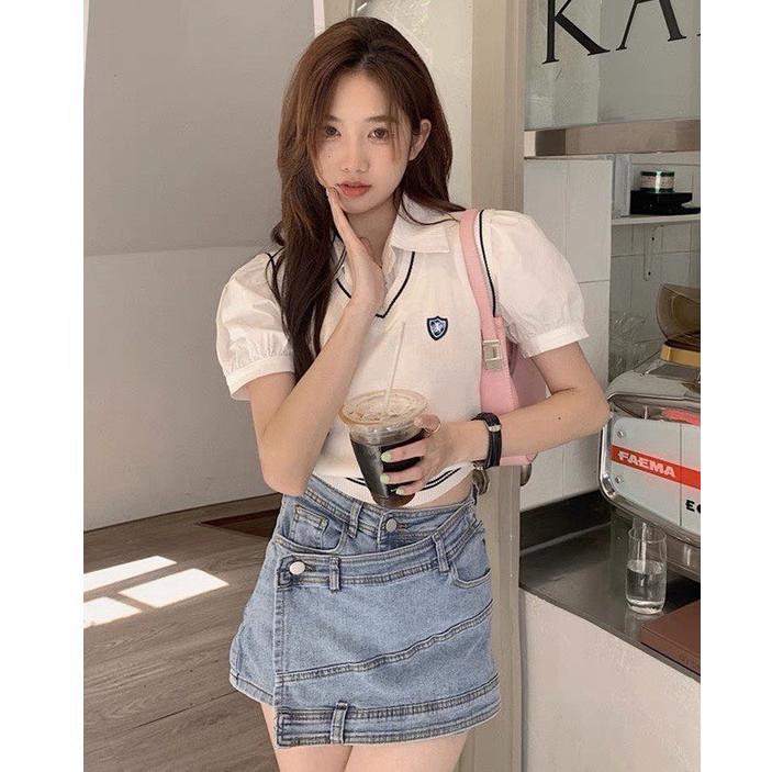Áo len nữ Montoghi phong cách GILE kiểu 2 LỚP phối cổ sơ mi tay phồng hàng Quảng Châu xinh xắn