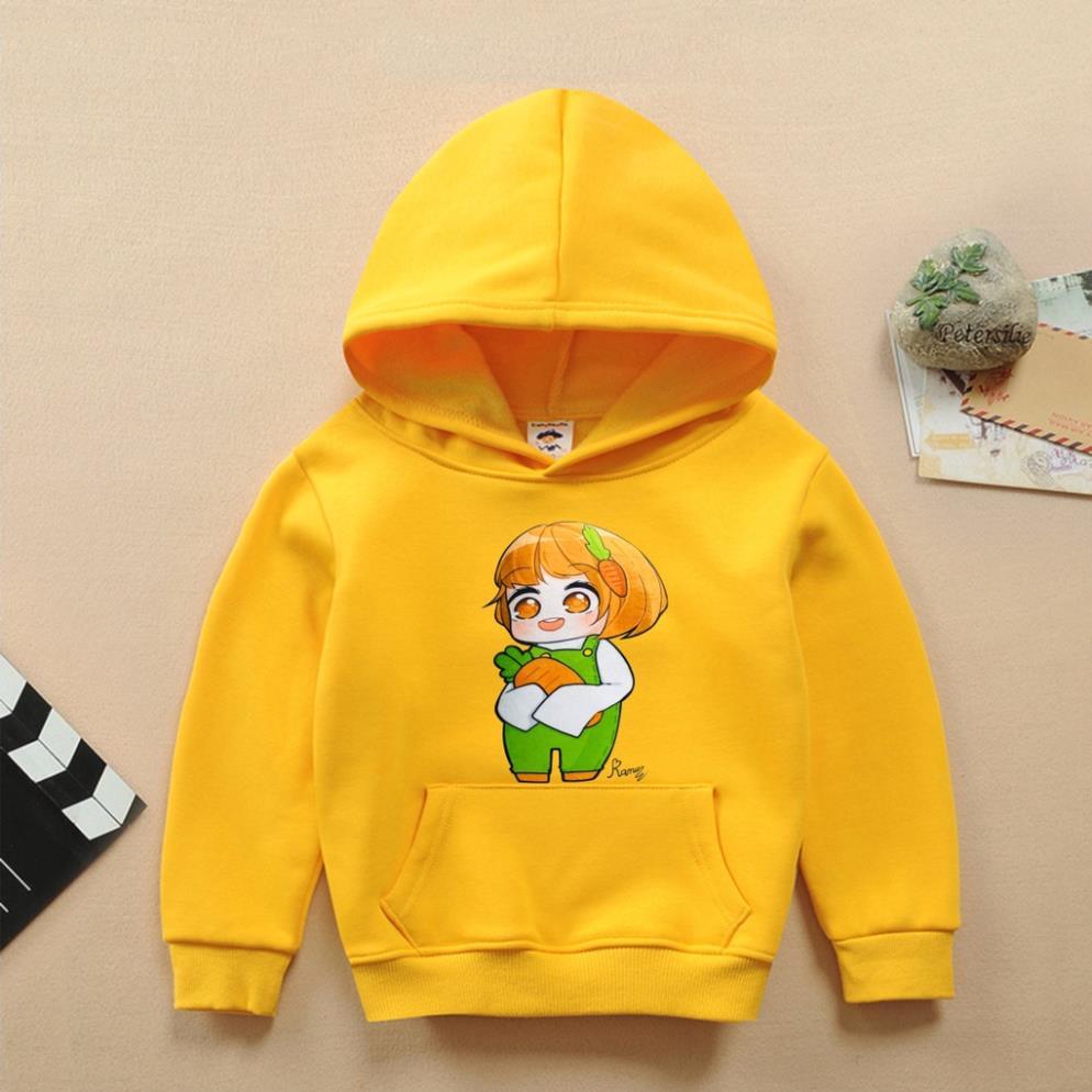 Áo hoodie màu vàng nỉ bông có mũ in hình hero team cho bé trai bé gái