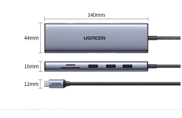 Hub USB Type-C 10 in 1 Ugreen 15601 CM498 1x HDMI 4k30Hz, VGA FullHD, 3x USB 3.0, Lan 1Gbps, 3.5mm, SD/TF, Sạc PD 100W - Hàng chính hãng