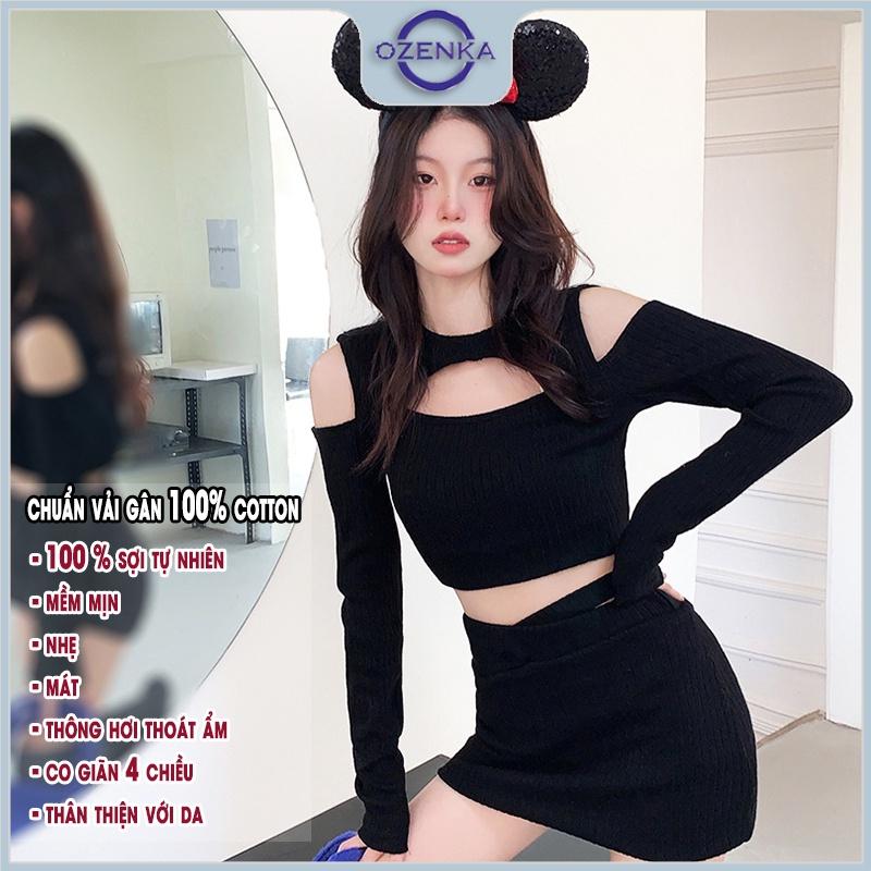 Set áo croptop trễ vai chân váy ngắn ôm Ozenka , ao crt tay dài kèm chân váy ôm body vải gân cotton dày đẹp đen trắng