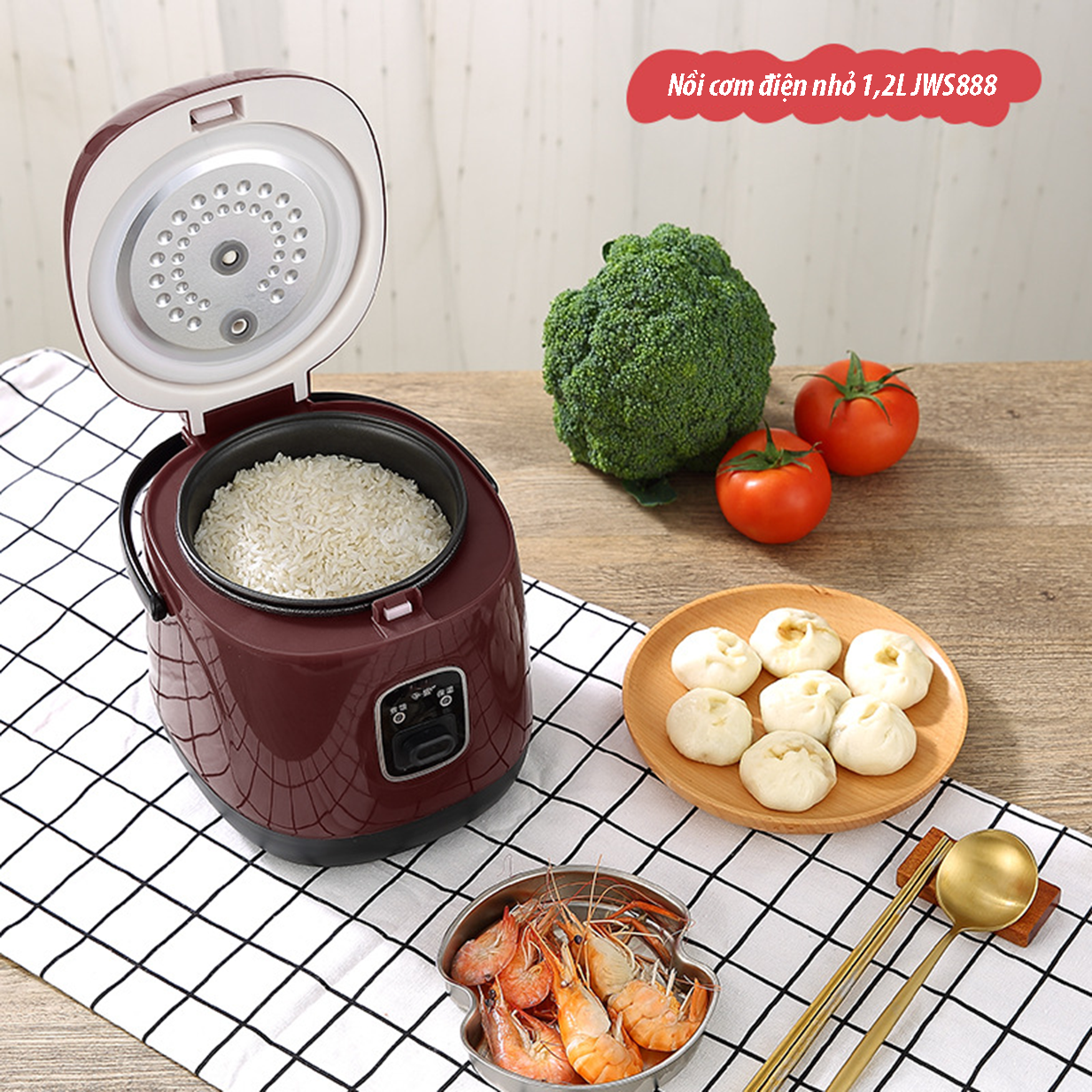 Nồi cơm điện đa năng mini JWS-888 nấu cơm, cháo, súp, làm bánh, ... 1,2L kiểu dáng Hàn Quốc