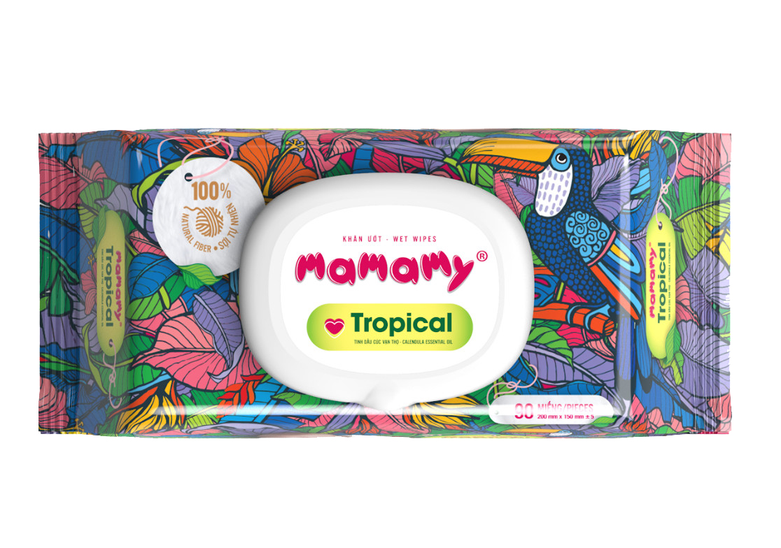 Khăn ướt Mamamy Tropical 100% sợi tự nhiên ngừa hăm, rôm sảy kháng khuẩn giữ ẩm cho bé (Gói 60/90 tờ)