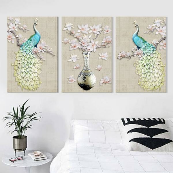 Bộ 3 Tranh Canvas Không Viền Con Công: Khổng Tước Xanh W289