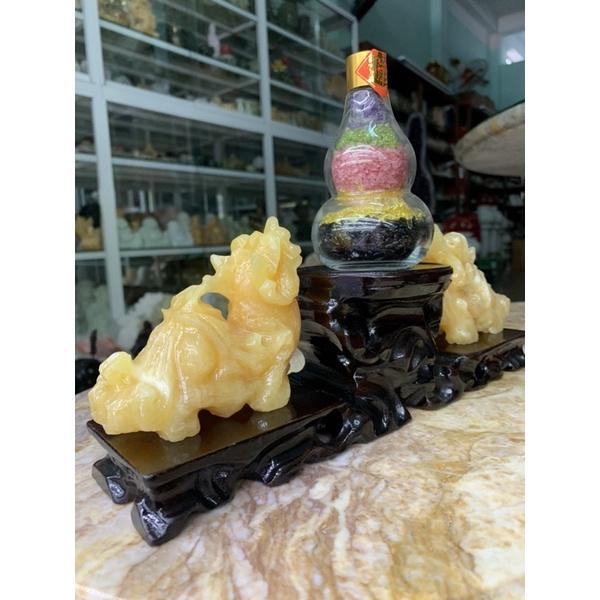 Đế Gỗ + Cặp Tỳ Hưu Chiêu Tài Lộc + Hồ Lô Đá Thạch Anh Vụn