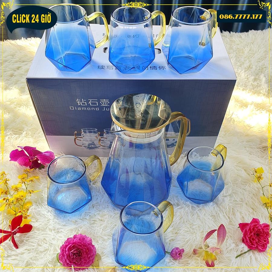 Bộ 1 Bình Và 6 Cốc Thủy Tinh Chịu Nhiệt Diamond Jugs - Màu Xanh