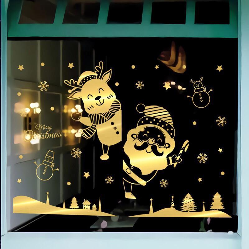 Decal trang trí tường Noel - Ông già noel tuần lộc nhí chào lễ ánh vàng cao cấp