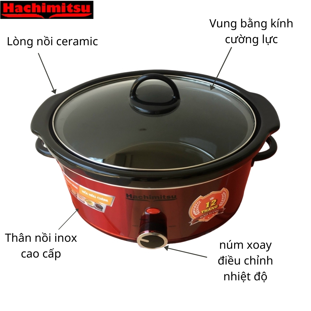 Nồi Nấu Chậm- Nấu Cháo- Kho Cá- Hầm Xương-Hachimitsu HC-435-Lòng Nồi Sứ Cao Cấp- Hàng Chính Hãng