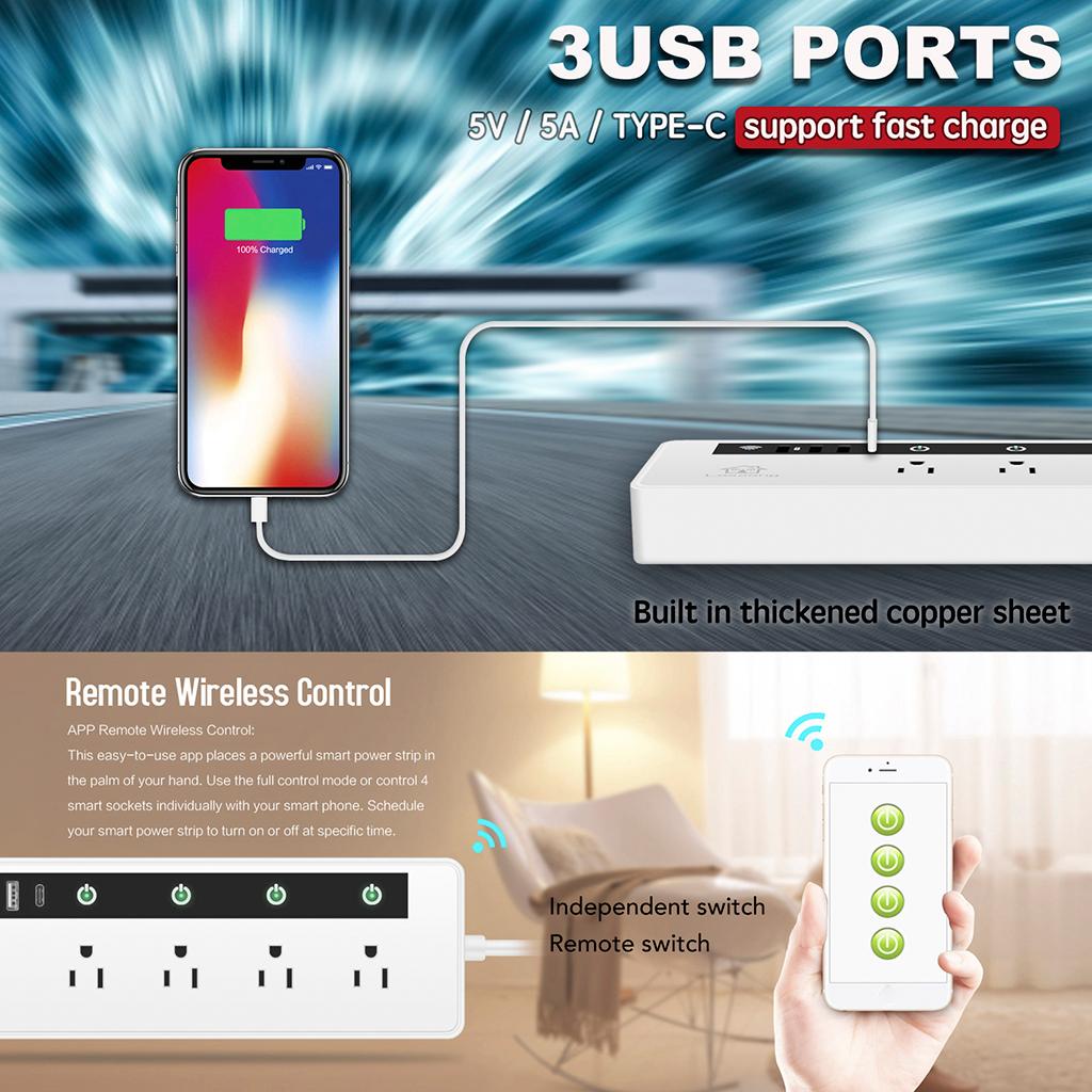 WiFi Smart Power Strip with 4 AC Outlets and 3 USB Ports US Plug