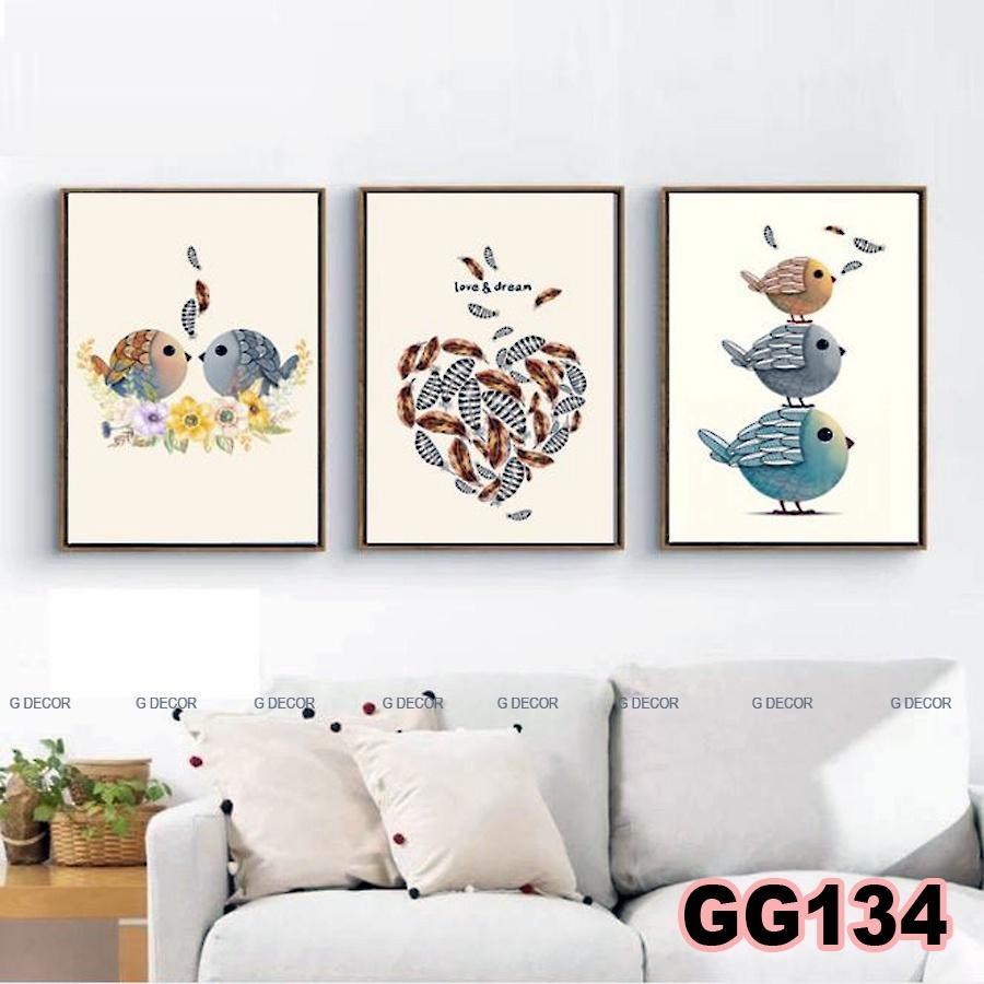 Tranh treo tường canvas 3 bức phong cách hiện đại Bắc Âu 158, tranh chim trang trí phòng khách, phòng ngủ, phòng ăn spa