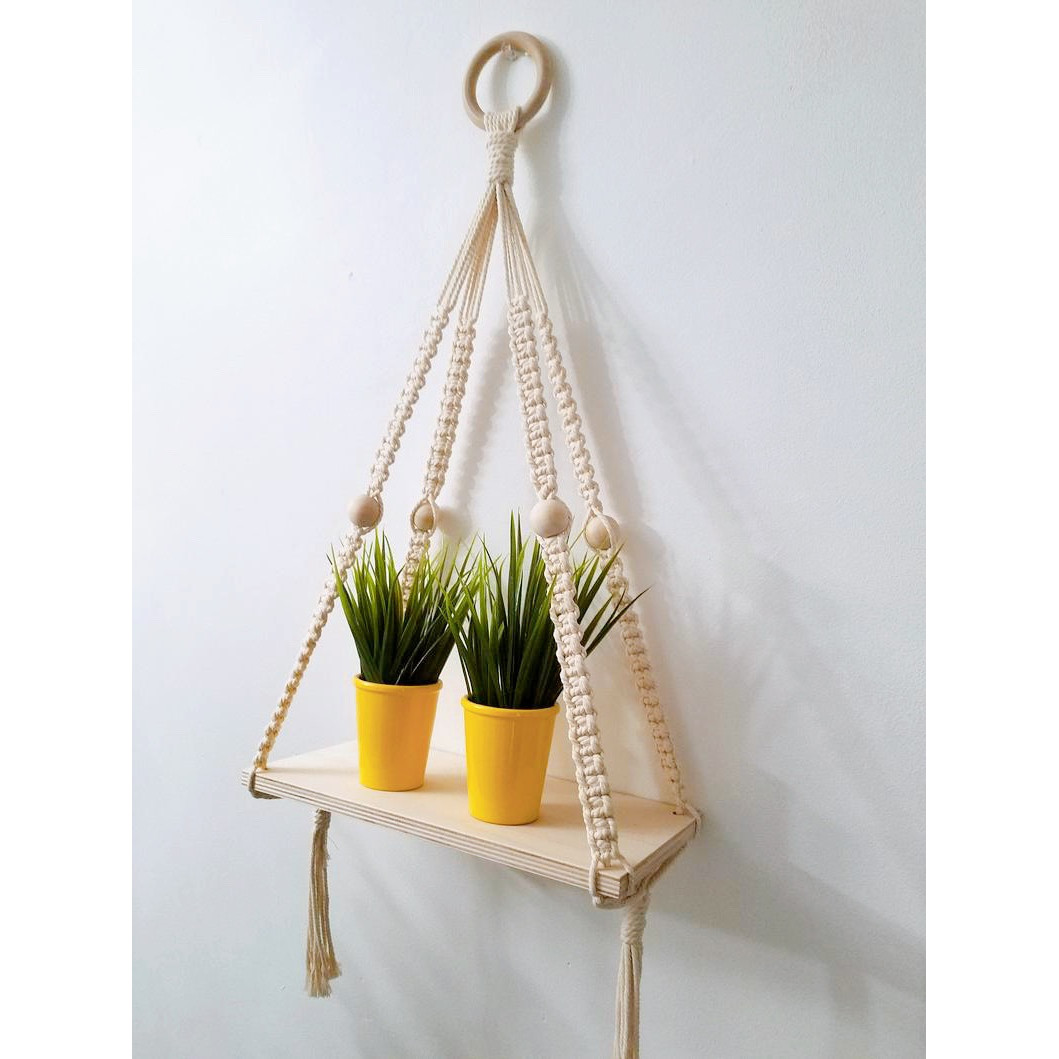 Kệ tết dây cotton xoắn kết hợp hạt gỗ treo tường trang trí gỗ thông tự nhiên- Kích thước DxR: 40x15cm . KTT290321