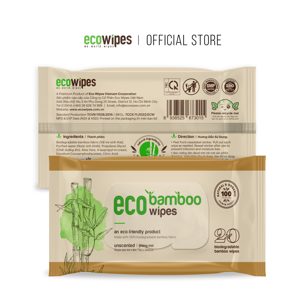 Khăn giấy ướt cao cấp EcoWipes gói 20 tờ vải sợi tre sinh thái Bamboo không mùi có thể phân hủy