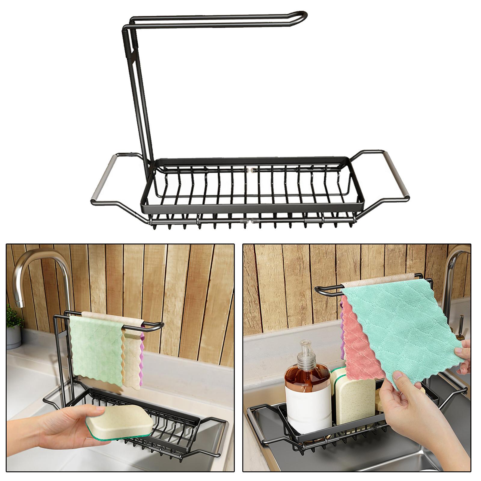 Over the Sink Storage Rack Organzier Adjustable Sponge Holder Drain Basket with Dish Towel Hanger