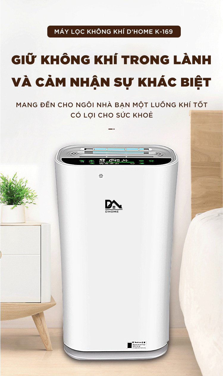 Máy Lọc Không Khí Dhome k -169 (sử dụng cho phòng 20m2 - 60m2 ) -  Diệt Vi Khuẩn Bằng Tia UV- Tạo Ion Âm Thông Minh- Hàng Chính Hãng