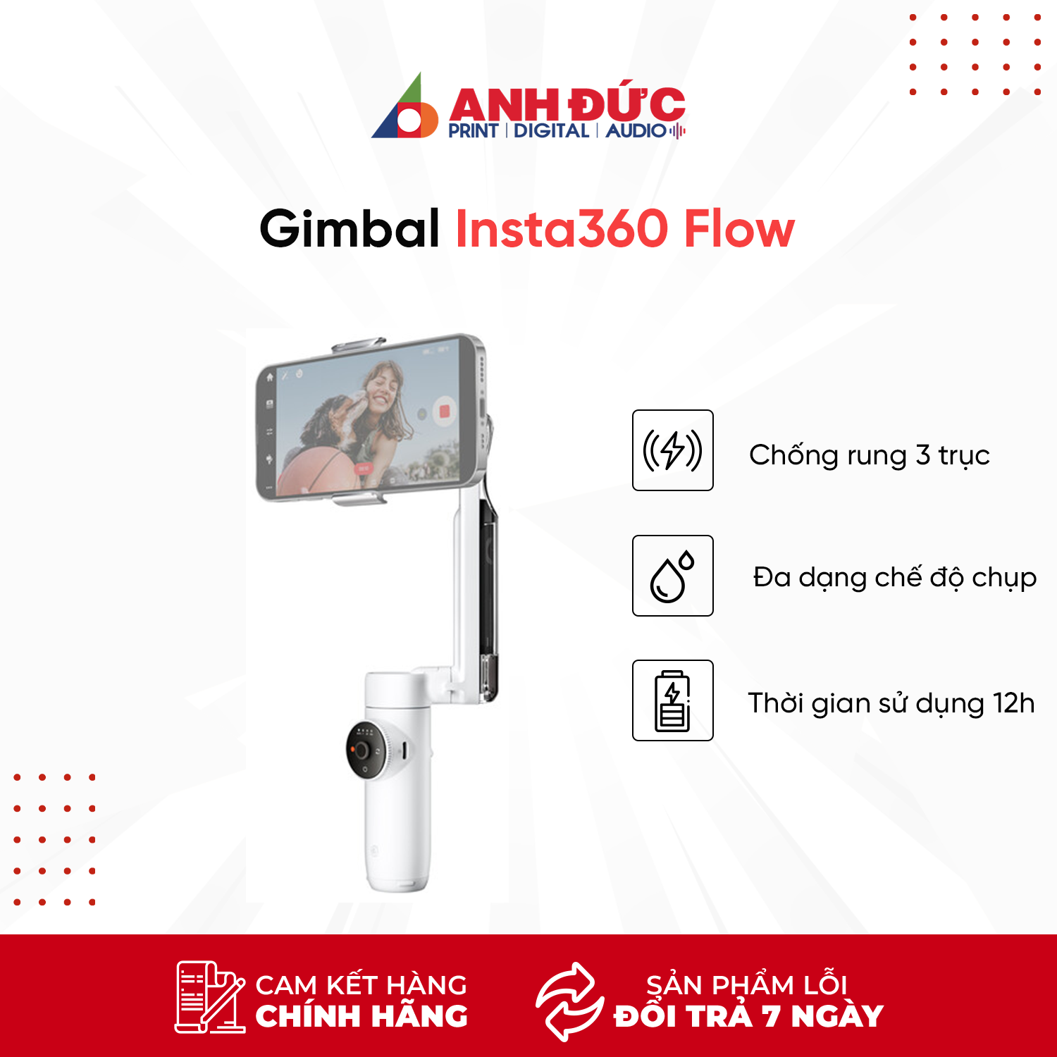 Tay Cầm Chống Rung Cho Điện Thoại Insta360 Flow Standalone - Gimbal Chống Rung 3 Trục - Hàng Chính Hãng