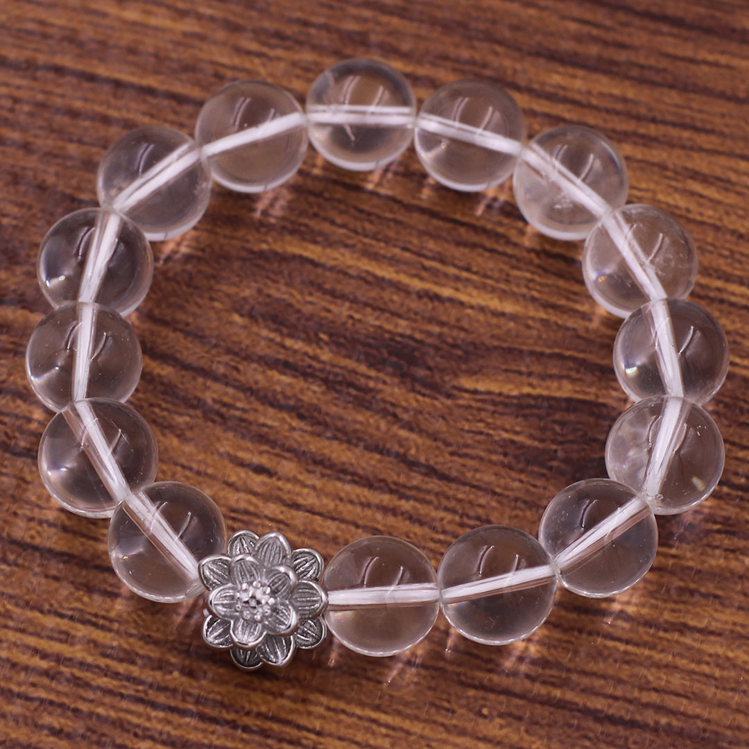 Vòng chuỗi đeo tay pha lê trắng 12 ly charm hoa sen inox, vòng chuỗi phong thuỷ, bông sen inox, vòng chuỗi hạt, vòng chuỗi tay charm bông sen inox