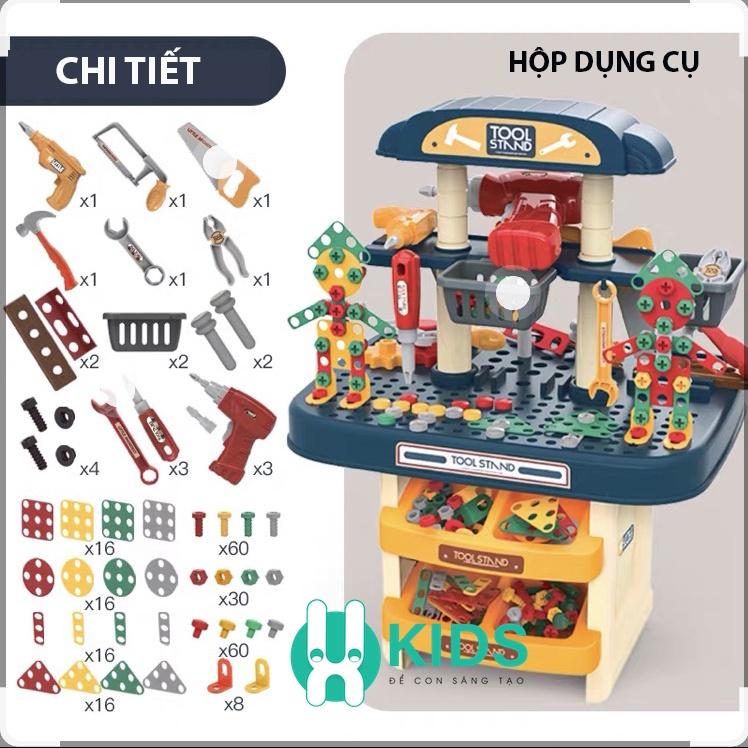 Đồ chơi lắp ráp ốc vít trẻ em, hộp dụng cụ sửa chữa kĩ sư di động gồm máy khoan điện, búa, cưa, tô vít cho bé