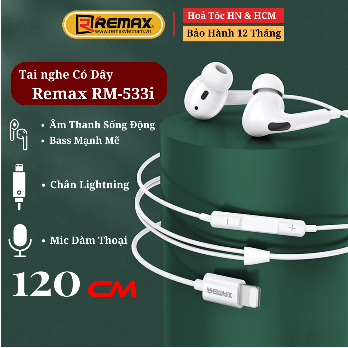 Tai Nghe Có Dây Chân iPhone Remax RM-533i - Nhét Tai Chống Ồn - Âm Thanh Sống Động - Hàng Chính Hãng Remax Bảo Hành 12 Tháng Lỗi 1 Đổi 1