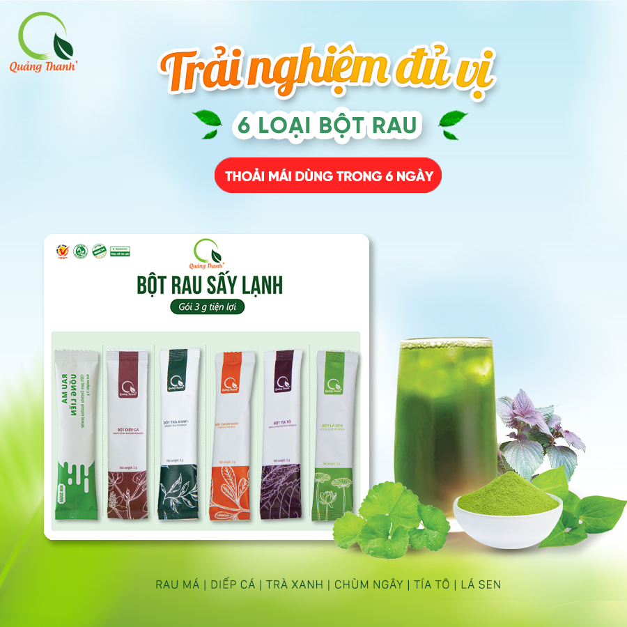 Bột rau tiện lợi Quảng Thanh - 6 vị với 6 loại bột rau nguyên chất, bổ sung dưỡng chất, thanh lọc cơ thể (Rau Má - Diếp Cá - Tía Tô - Lá Sen - Trà Xanh - Chùm Ngây)