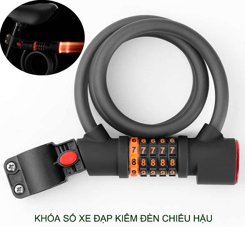 Khóa số chống trộm xe đạp kiêm đèn báo hậu dùng pin sạc, loại 5 mã số có thể thay đổi được, dài 1.2m