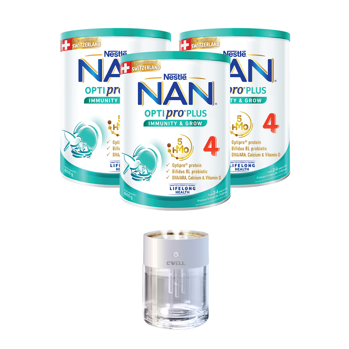 Bộ 3 lon Sữa bột Nestlé NAN OPTIPRO PLUS 4 800g/lon với 5HMO Giúp tiêu hóa tốt + Tăng cường đề kháng  + Máy phun sương đèn led - Bé 2-6 tuổi