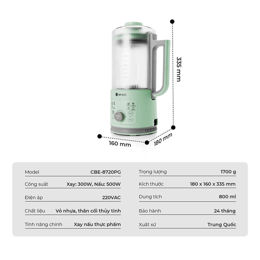 Máy làm sữa hạt Elmich CBE-8720, công suất xay 300W, công suất nấu 500W, dung tích xay nóng 600ml và xay lạnh 800ml, lưỡi dao với 10 cánh giúp xay nhuyễn, nhỏ gọn, dễ dàng lưu trữ và sử dụng - Hàng chính hãng