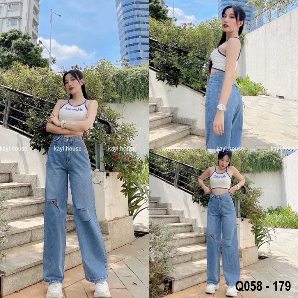 Quần Jeans Suông Cạp Cao Ống Rộng Rách Gối Cá Tính Phối Nắp Túi Q058