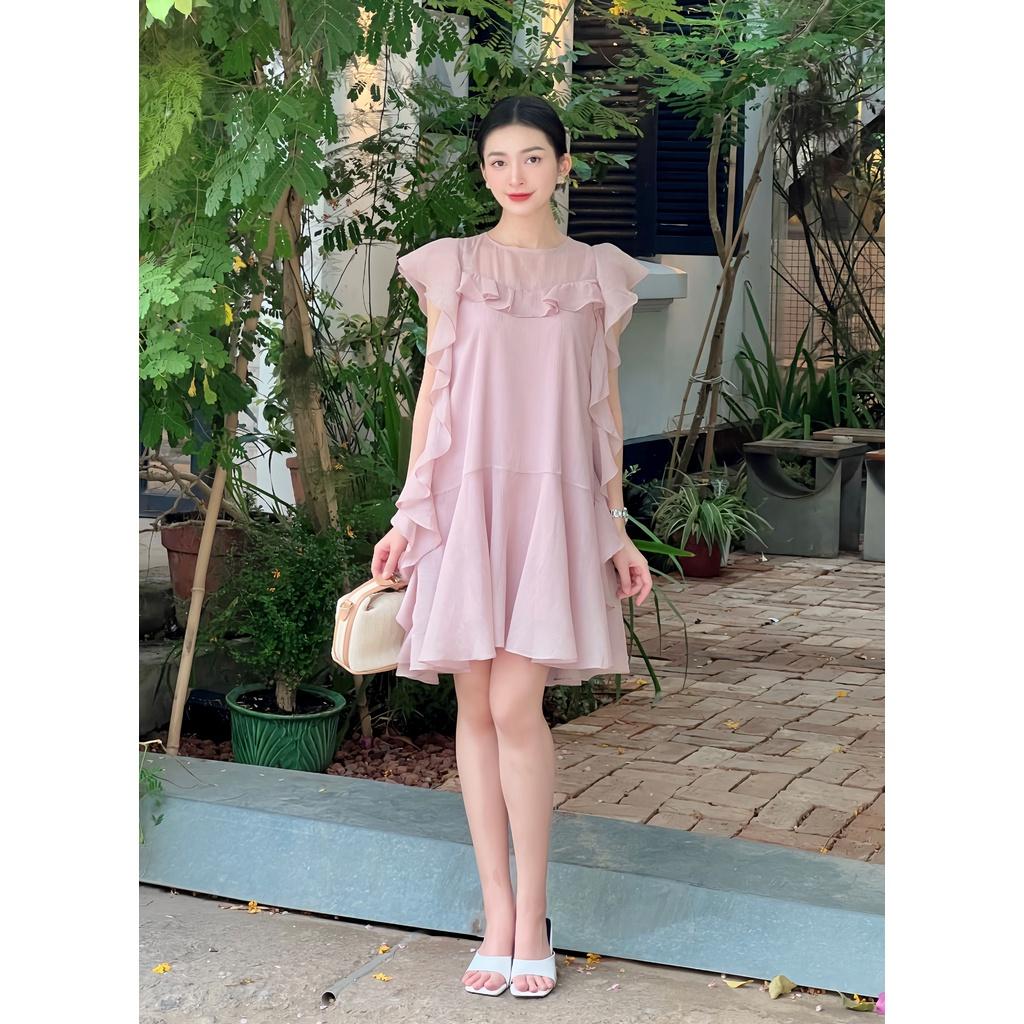 SHEAZ Đầm tiểu thư dạo phố tơ hồng phấn dáng xòe babydoll tay ngắn dáng suông mini ngang gối