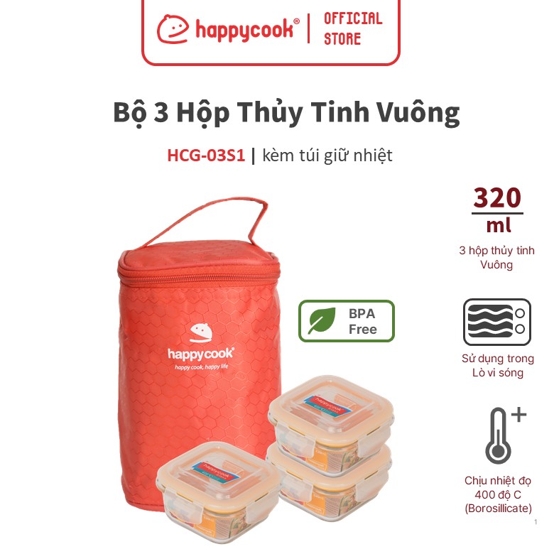 Bộ hộp thủy tinh hình vuông Happy Cook 3pcs 320ml HCG-03S1