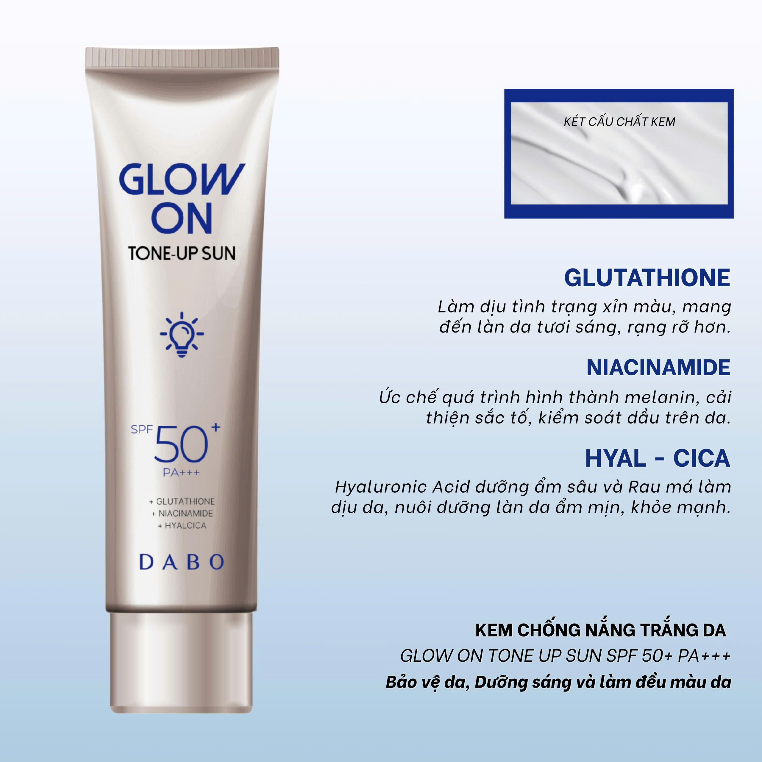 KEM CHỐNG NẮNG NÂNG TONE SÁNG DA GLUTATHIONE DABO GLOW ON SUN MILKY WHITE SPF50+ PA+++