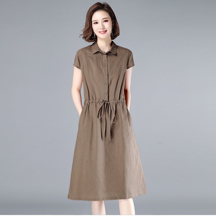 Đầm suông đũi công sở thiết kế cổ sơ mi phối cúc, có dây rút eo siêu xinh Da70