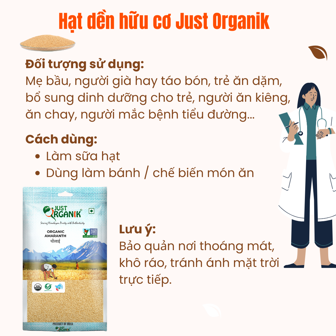 Hạt Dền Hữu Cơ Trắng Just Organik Dành Cho Người Ăn Kiêng Nấu Cơm, Cháo, Súp Làm Nước Sốt Nhập Khẩu Ấn Độ 500g