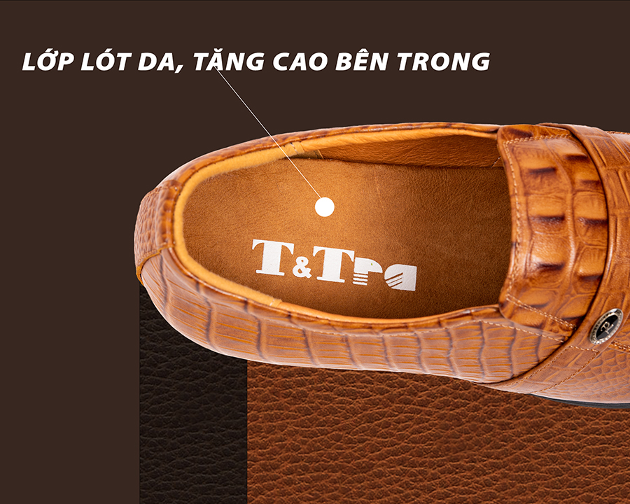 Giày Độn Nam T&TRA Tăng Cao 6Cm- T05 Cá Sấu Nâu Sáng - Chất Liệu Da Bò Cao Cấp, Đế Cao Su Đúc, Phần Tăng Cao Ẩn Bên Trong