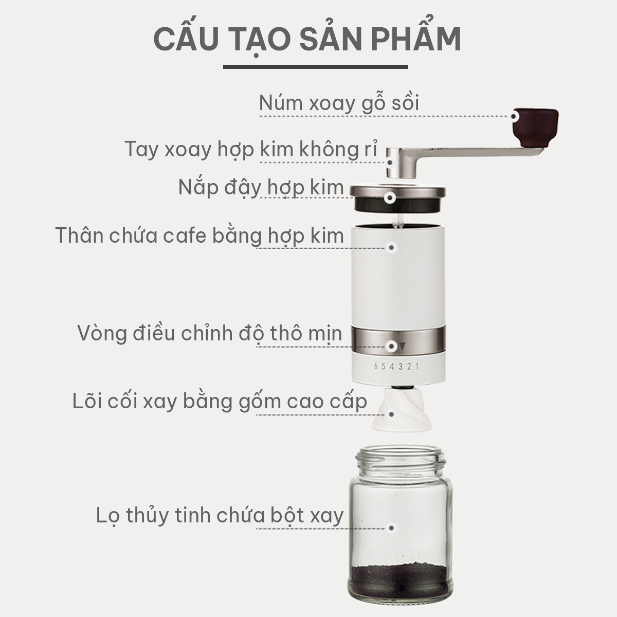 Máy xay cà phê mini cầm tay cao cấp (GA18) | Cối xay hạt cafe bằng tay với lõi nghiền bằng gốm cao cấp bền bỉ | Dụng cụ xay cafe cầm tay