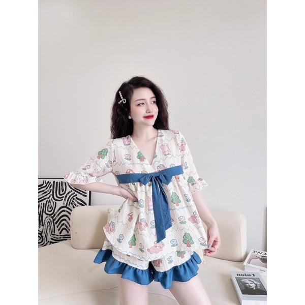 Đồ Bộ Nữ lụa xốp phối nơ ngực, vòng 1 &lt; 90cm, Freesize 40-65kg, tùy chiều cao