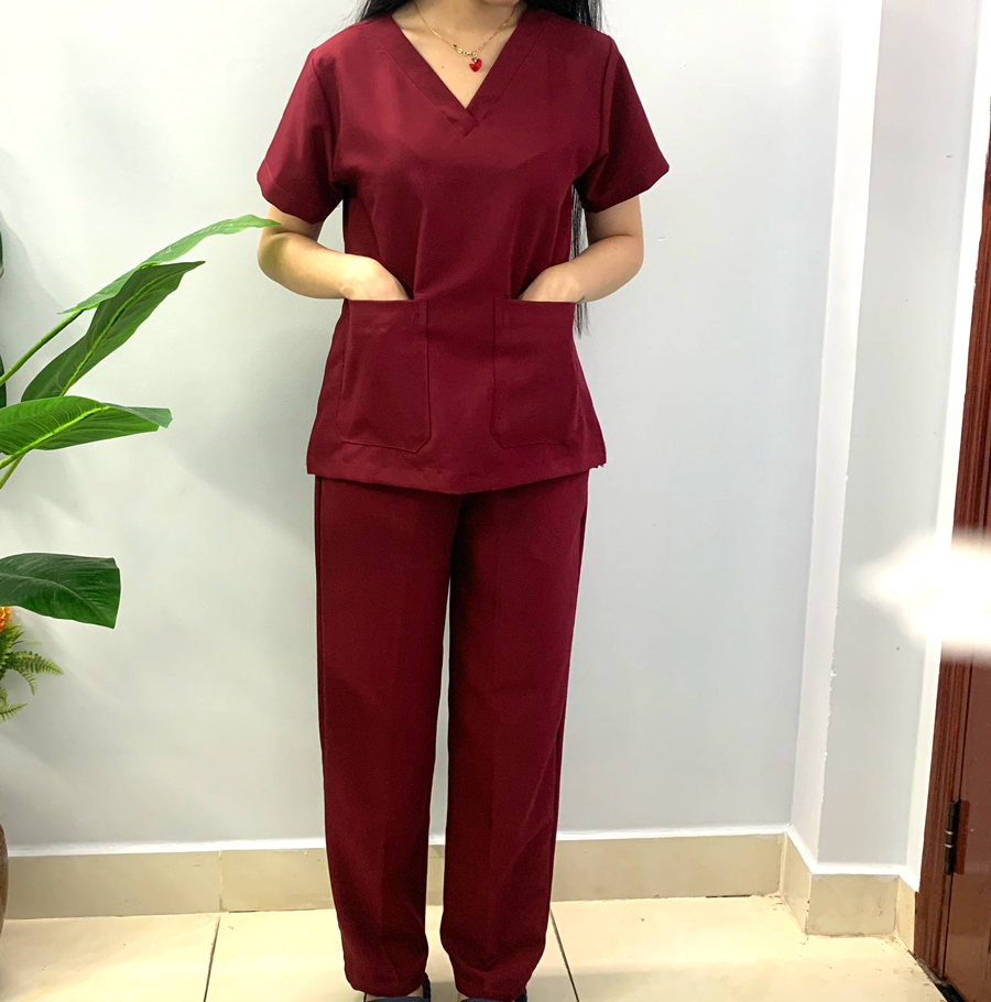 Bộ Scrubs NỮ cao cấp màu ĐỎ ĐÔ - Quần áo Blu bác sĩ, y tá, đồng phục điều dưỡng