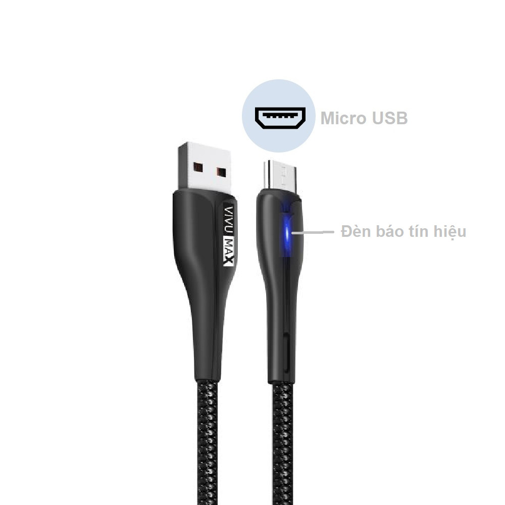 Cáp sạc nhanh và truyền dữ liệu VivuMax M102 đầu sạc đầu sạc Micro USB, tương thích hầu hết các sản phẩm có cổng Micro USB (Android  Samsung / Oppo / Xiaomi / Vsmart / Realme…) - Có đèn LED báo tín hiệu, 1m, Dây PVC cao cấp chống cháy – Hàng Chính Hãng