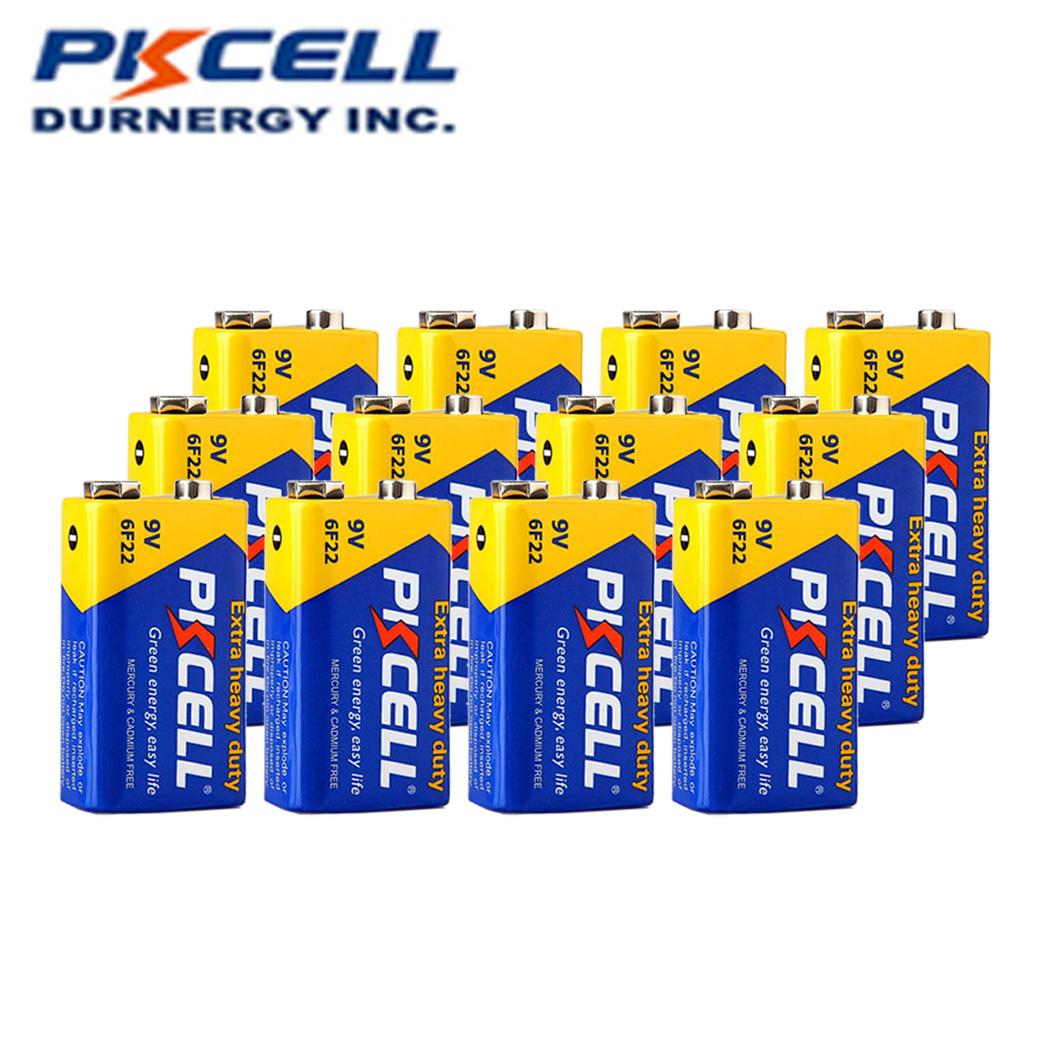 12PC PKCELL 9V 6F22 9 Pin Tương đương với pin CR9V ER9V 6LR61 Pin Kẽm Carbon siêu nặng cho nhiệt điện tử Điện áp danh định: 9V