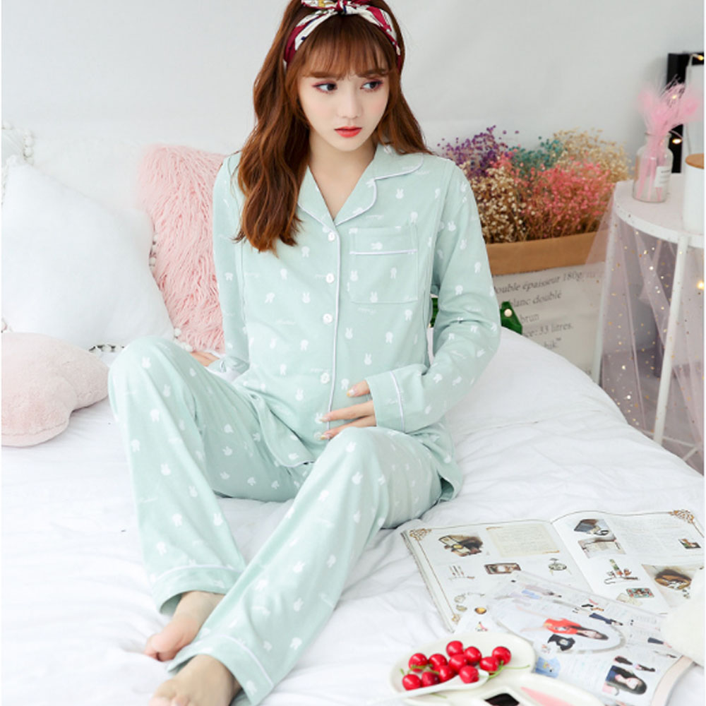 Bộ Pyjama Bầu Và Sau Sinh Dài Tay AZ8182 Chất Liệu Cotton Có Thiết Kế Mở 2 Bên Ngực Cho Con Bú Tiện Lợi