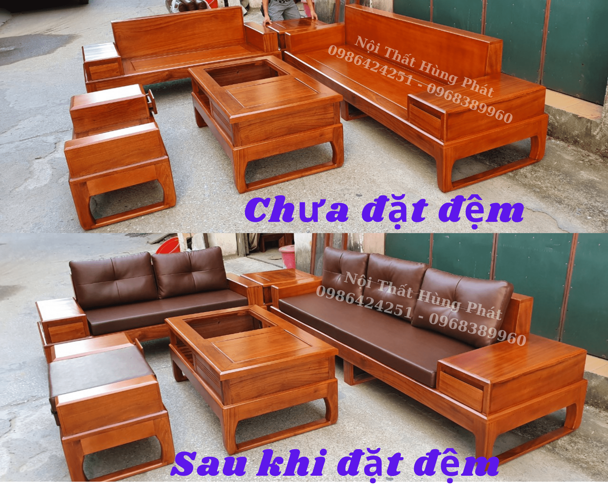 Sofa 2 văng đùi gà gỗ kèm đệm cao cấp