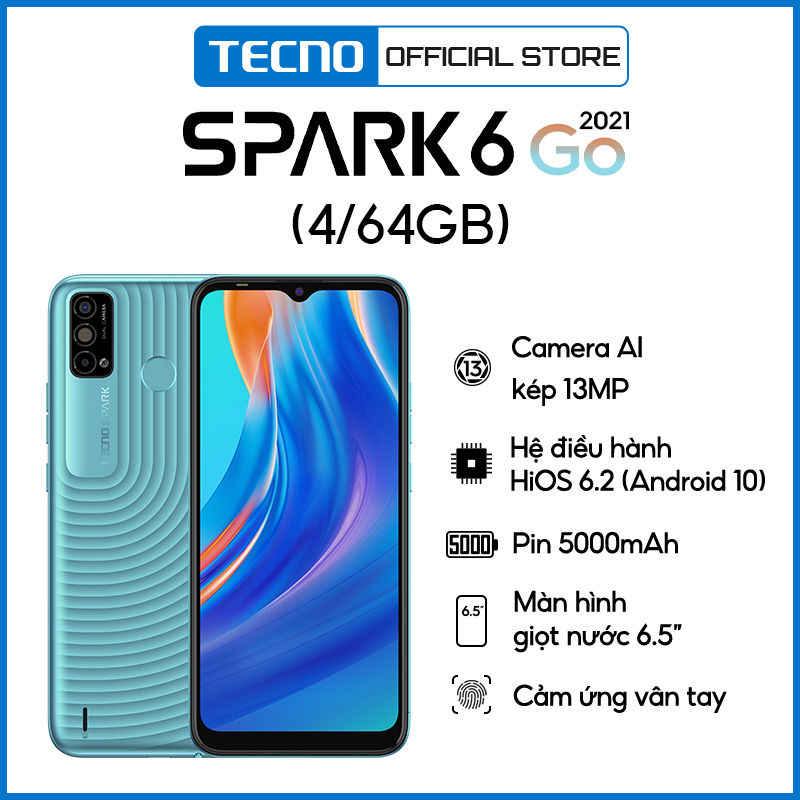 Điện thoại Tecno Spark 6 Go (4GB+64GB) - (KE5K) Pin 5000mAh | Camera kép AI 13MP | Mở khóa Khuôn mặt 2.0 | Cảm biến vân tay - Hàng Chính Hãng