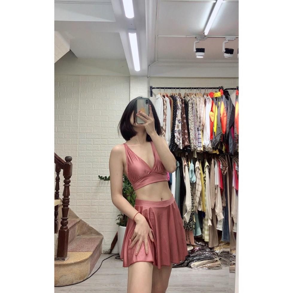 freeship Bikini hai mảnh hồng ruốt dáng váy nữ tính mặc đi biển đi bơi đẹp ( Hàng loại 1)