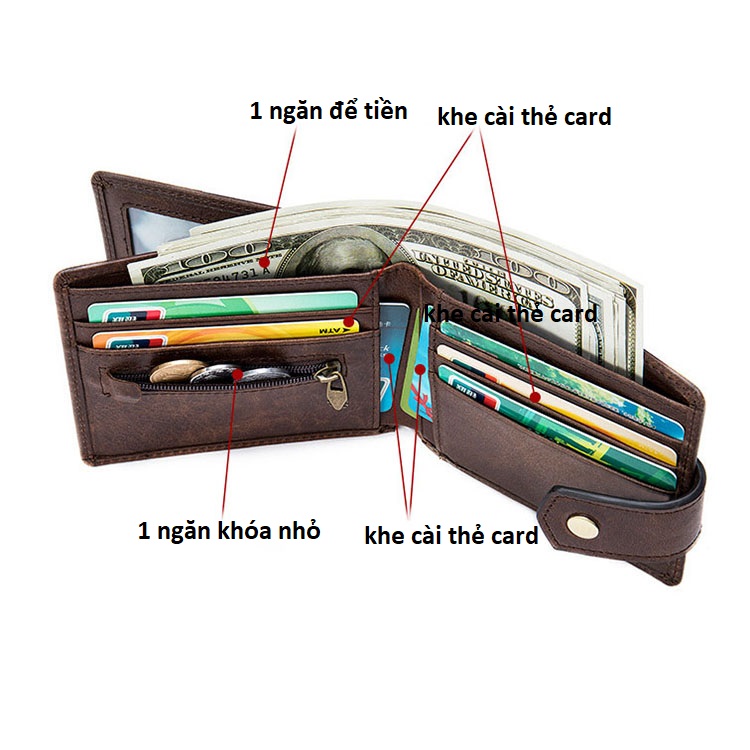 Ví nam ngang cúc bấm BHM7325 Da bò thật, chống RFID