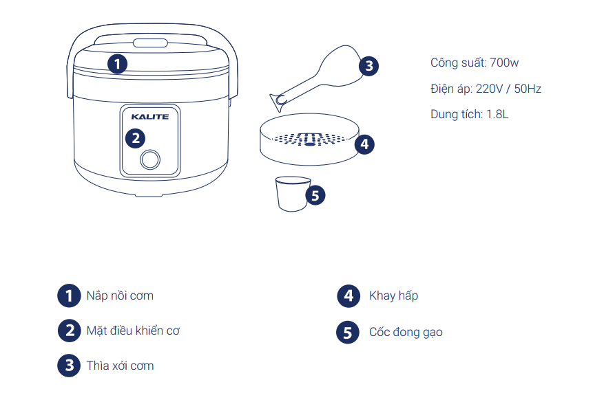 Nồi cơm điện Kalite KL 618, công suất 700W, dung tích 1.8L, quai cầm liền, nút bấm cơ kiểu dáng mới, hàng chính hãng