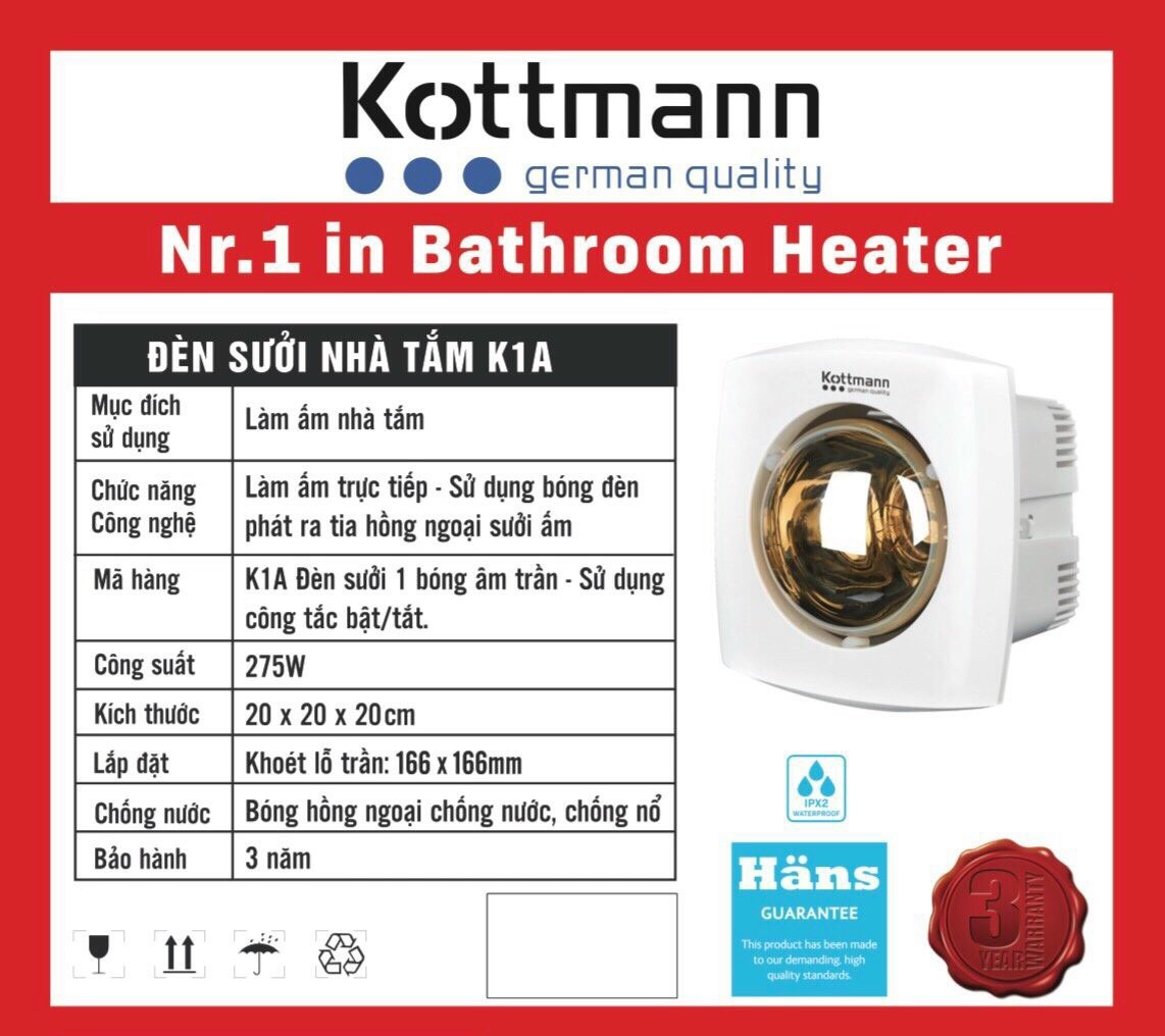 Đèn sưởi 1 bóng âm trần KOTTMANN – K1A - Hàng chính hãng