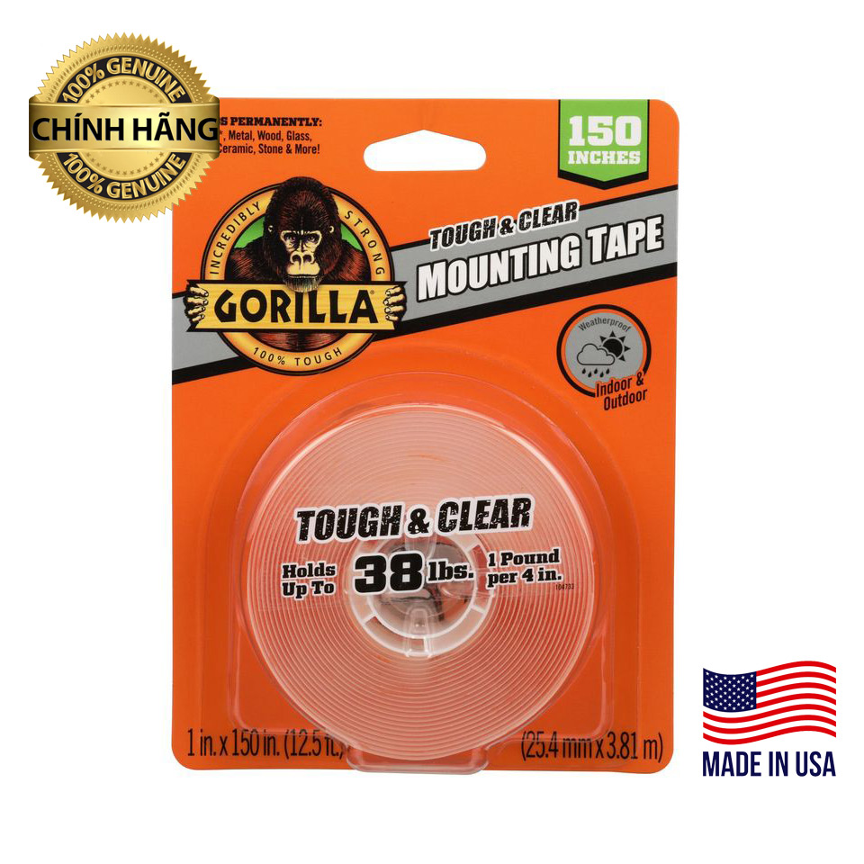 Băng Dính Trong 2 Mặt Siêu Chắc, Chịu Lực Tốt, Băng Keo Trong 2 Mặt Gorilla Tough & Clear Mounting Tape XL