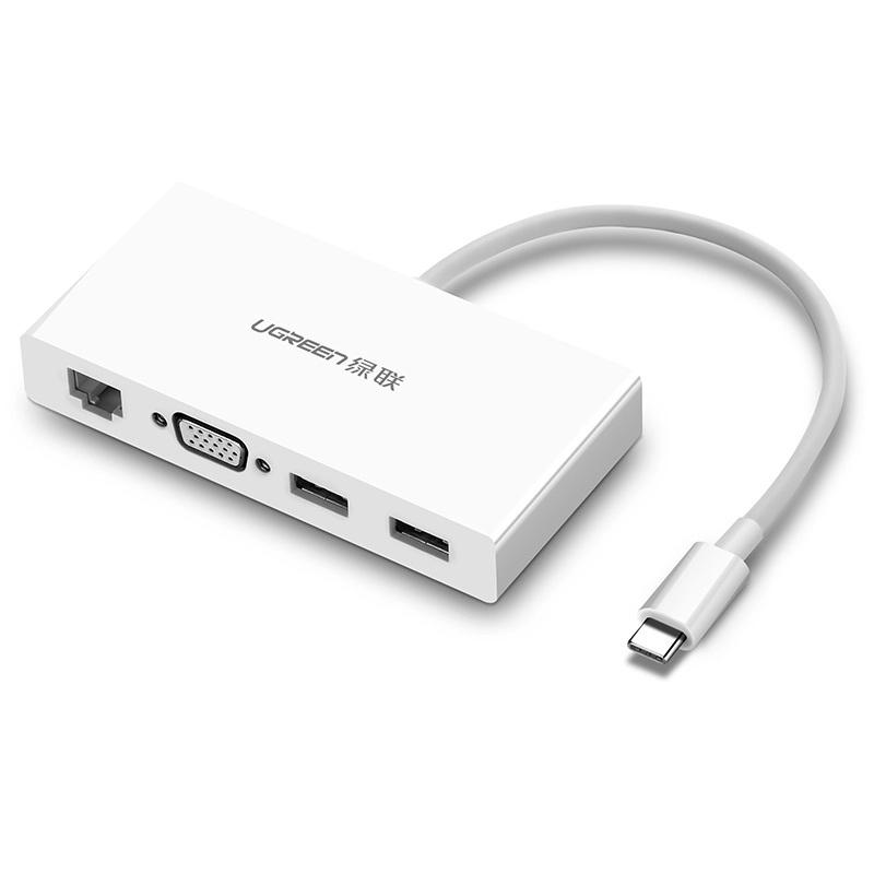 Ugreen UG40378MM135TK 15CM màu Trắng Bộ chuyển đổi TYPE C sang 2 USB 3.0 + VGA + LAN bọc nhựa ABS - HÀNG CHÍNH HÃNG