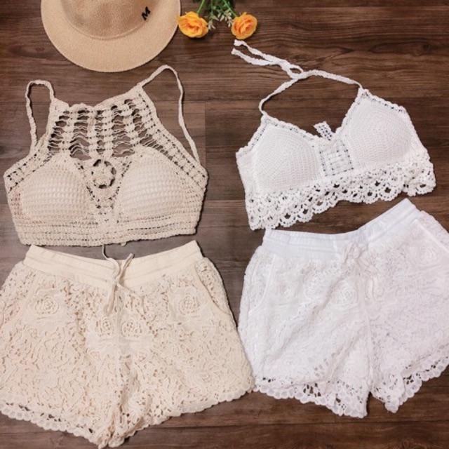 04-Set đi biển áo bra đan móc+ quần sóc ren hoa