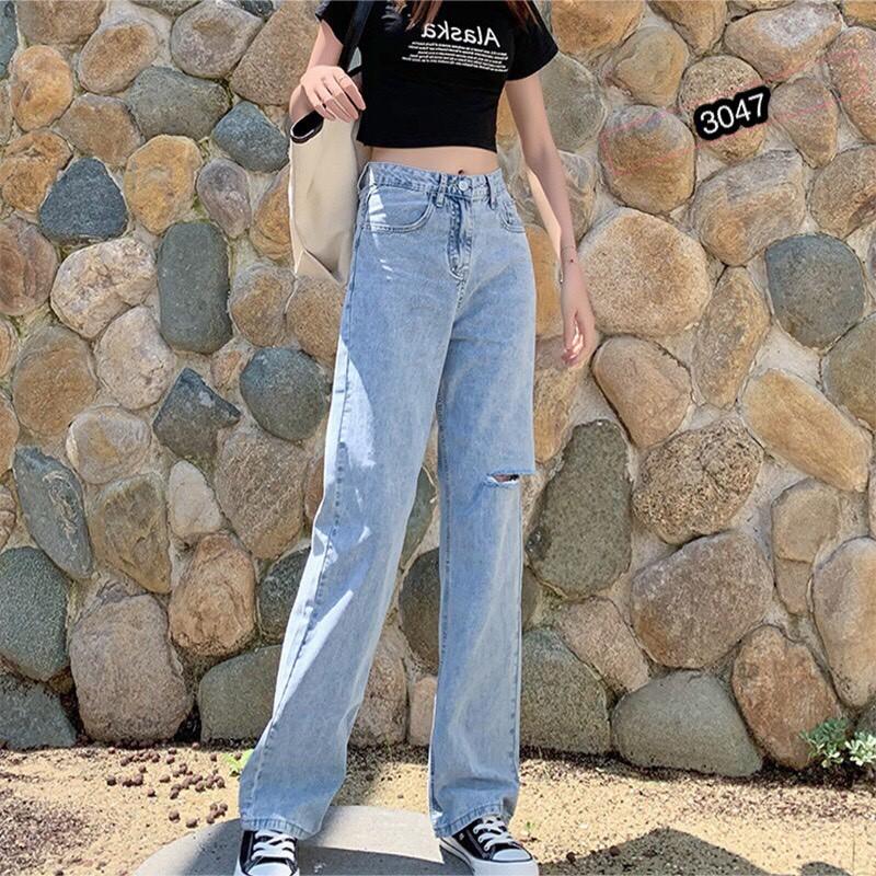 QUẦN JEAN DÀI ỐNG RỘNG LƯNG CAO RÁCH - QUẦN BÒ NỮ CULOTTES SUÔNG N - T 36
