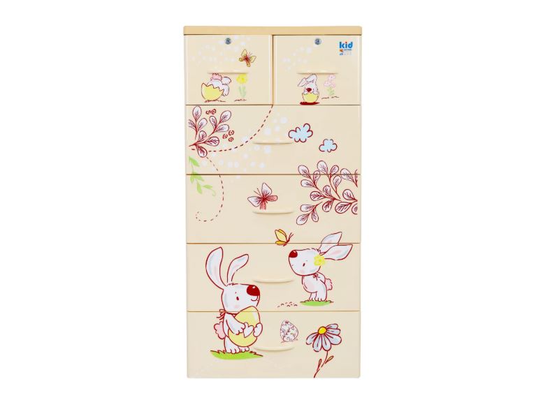 Tủ nhựa 5 tầng Qui Phúc KID màu hột gà mẫu Con Thỏ KT 600 x 470 x 1300 mm _ Juno Sofa hàng lắp sẵn